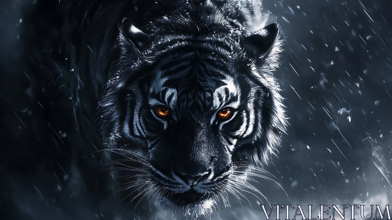 Digital close-up of tiger in snowfall with orange eyes.