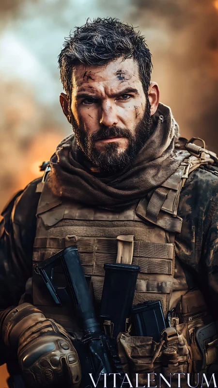 Battle-hardened soldier stares down chaos in burning dusk.