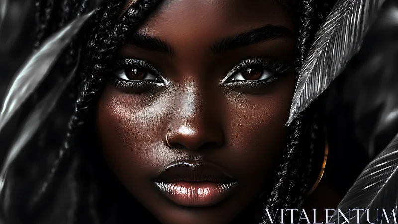 Glimmering gaze meets silver feathers in a bold, calm portrait