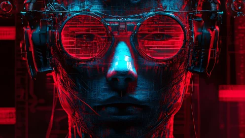 Cyborg face with visor and headset in red blue lighting.