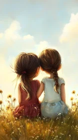 Two Young Girls in Sunflower Field at Golden Hour