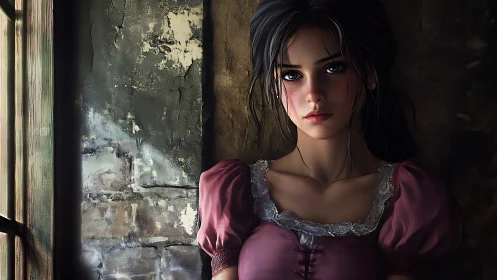 Digital portrait of woman standing by worn interior wall