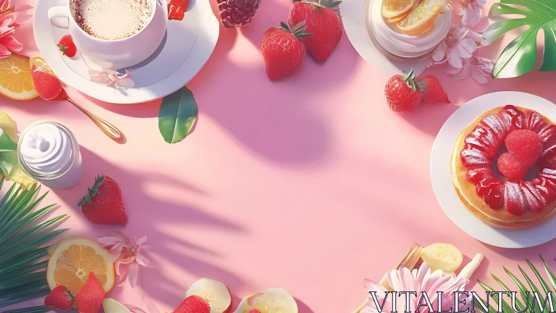 Strawberry pastries, coffee and fruit on pink background.