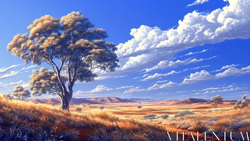 Sunlit savanna tree under stratified cumulus cloud bands