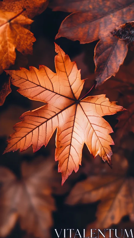 Gentle autumn maple leaf glows softly in warm evening light