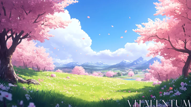 Spring-blushed valley under singing cherry blossoms sky.