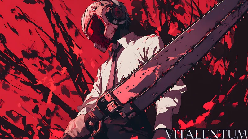 Armored figure with chainsaw weapon against red abstract field.
