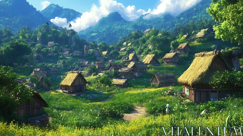 Sunlit mountain village with verdant fields and thatched roofs.