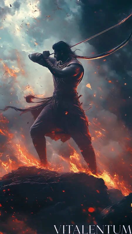 Warrior archer stands in blazing lava and storm clouds.
