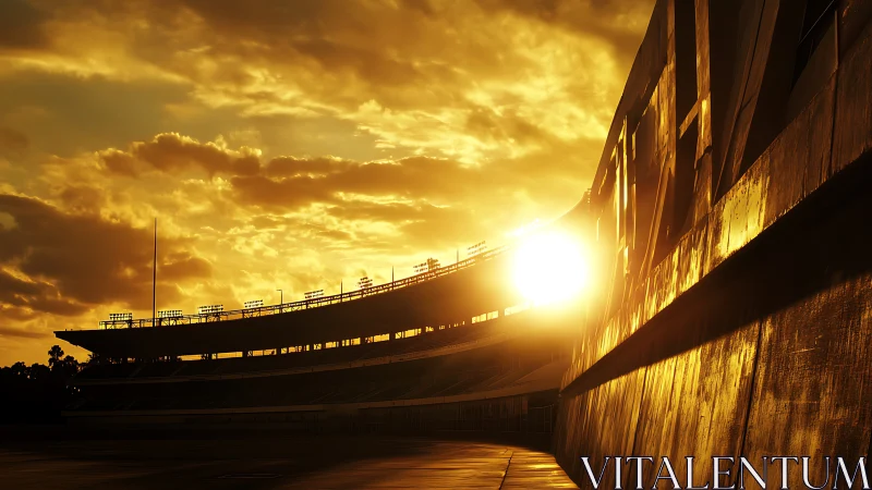 Sunlit stadium grandstand curves under dense golden clouds