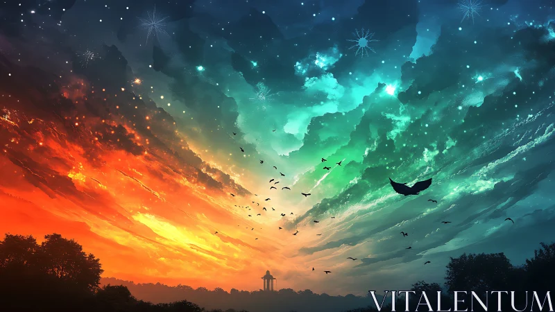 Twilight sky rift over silhouetted temple and soaring birds.