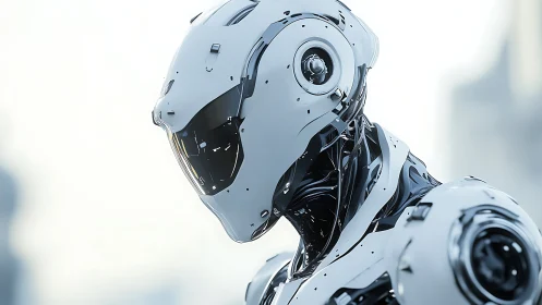 Calm white android gazes ahead with quiet curiosity.