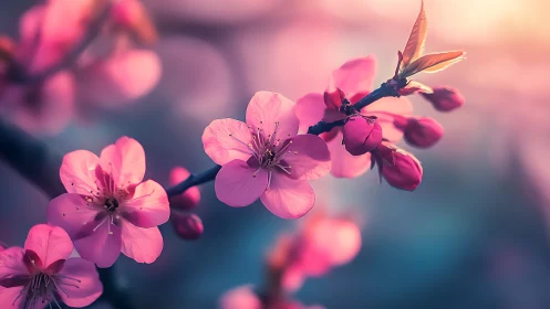 Pink blossoms glow against soft twilight haze.