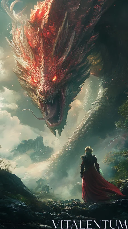 Armored warrior confronts colossal fire-lit dragon amid mist