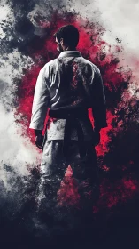 Martial artist stands in smoky red and gray abstract haze