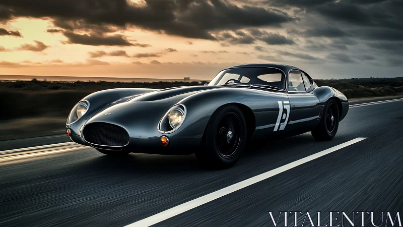 Sleek vintage race car glides along an open coastal highway