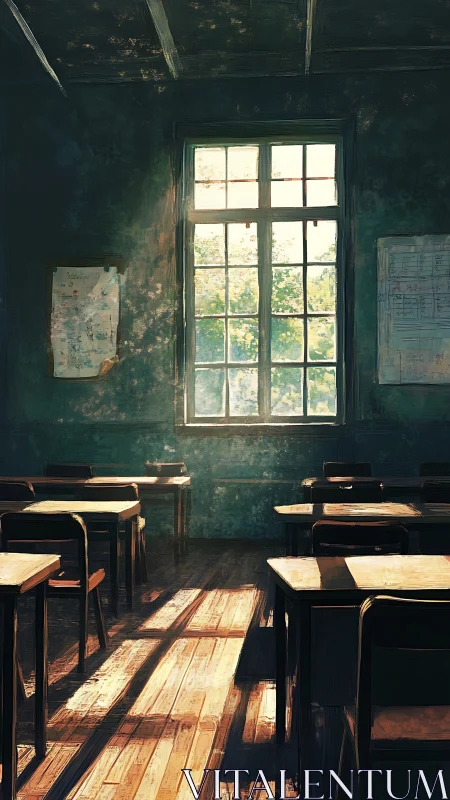 Sunlit abandoned classroom interior with dust and wooden desks