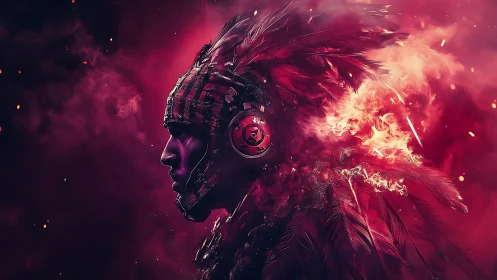 Cybernetic plume warrior in incendiary magenta combustion field.