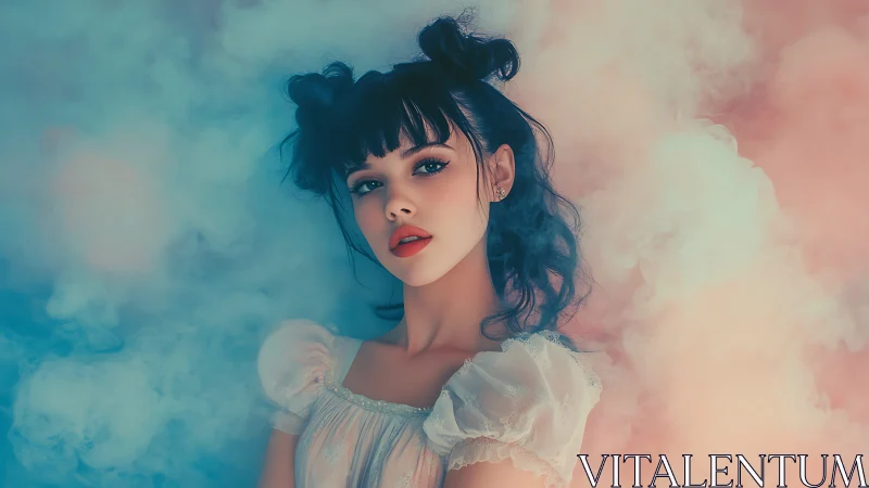 Soft portrait in pastel bokeh smoke with soft key lighting