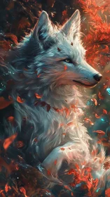 Gentle white wolf resting amid swirling autumn leaves.
