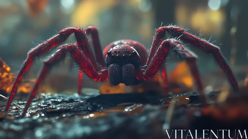 Red arachnid on forest floor with shallow depth of field.