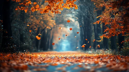 Autumn forest road with falling leaves and mist.