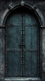 Gothic iron door stands sealed beneath a dark arched frame.