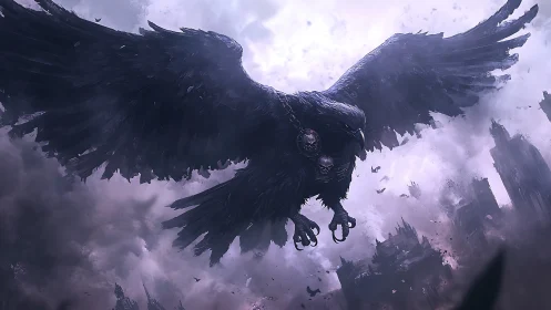 Large black bird over ruined cityscape in dense clouds.