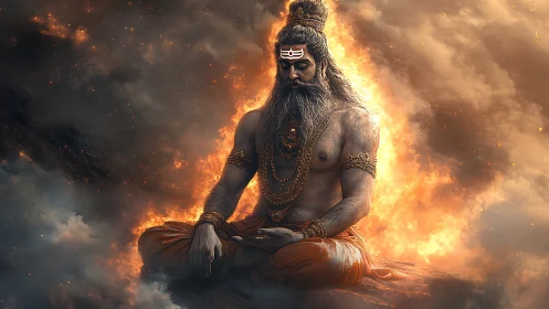Seated ascetic figure meditating amid dense fiery clouds