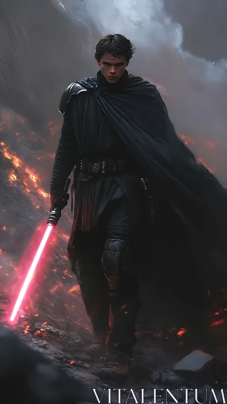 Dark warrior with red energy sword in volcanic terrain.