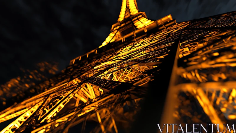 Eiffel Tower illuminated at night from low upward angle view.