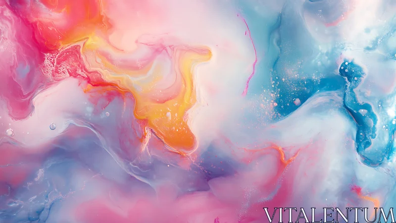 Fluid abstract composition in pink, blue and yellow tones.