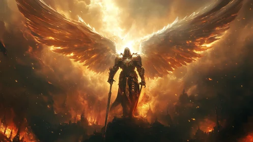 Armored angelic warrior stands over burning ruined landscape