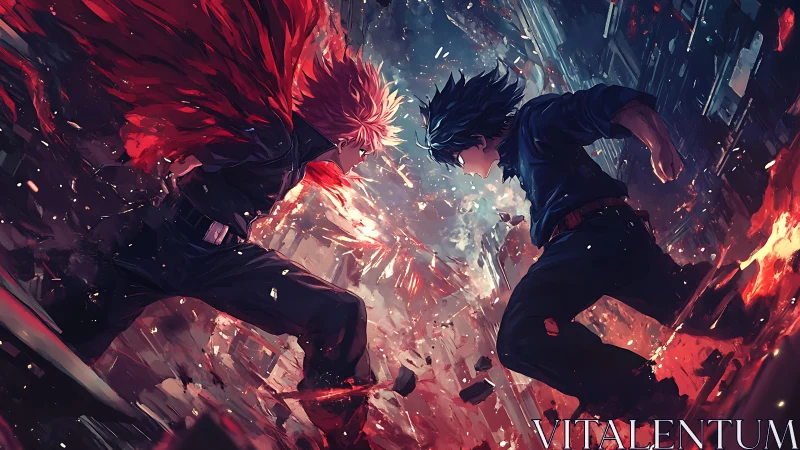 Anime duel amid shattered city and swirling elemental energy.