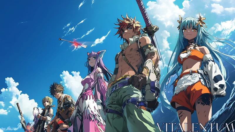 Bold anime adventurers stand united beneath a bright summer sky
