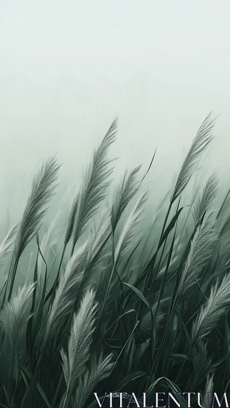 Pampas grass plumes in soft misty green field at dawn.