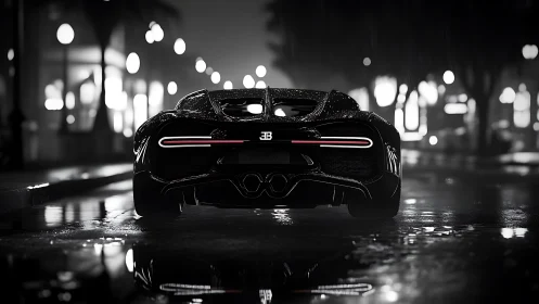 Midnight hypercar rear view on rain-slick neon boulevard.