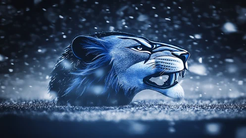 Blue-tinted lion head rendered in high-contrast digital lighting snowfall