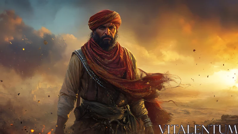 Desert warrior strides through burning skies at golden dusk