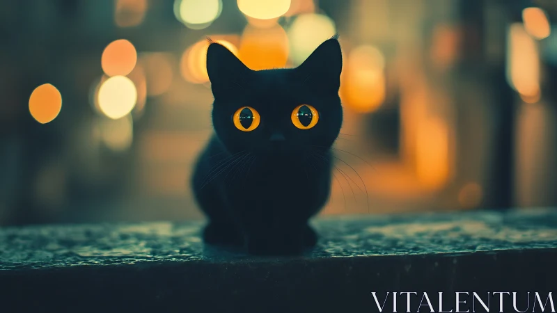 Black cat with amber eyes on surface against blurred lights.