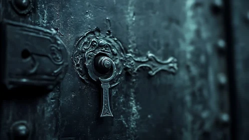 Midnight keyhole whisper on an ancient iron doorplate.