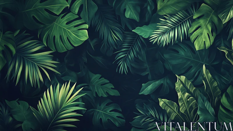 Dense arrangement of overlapping tropical foliage forms pattern.