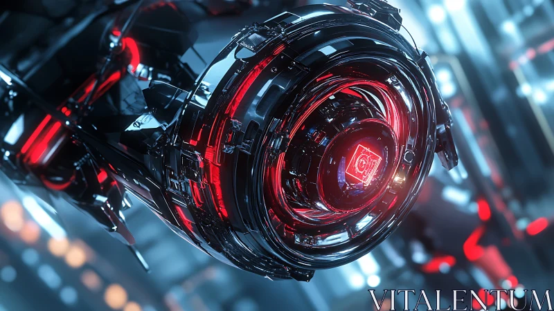 Neon singularity core spins in a chrome cybernetic cradle.