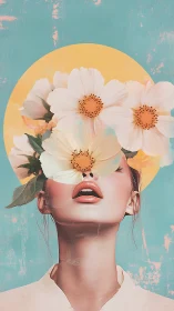 Digital portrait with floral mask and halo composition overlay.