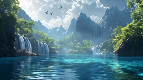 Mountain lake reflects cascading waterfalls under soft light