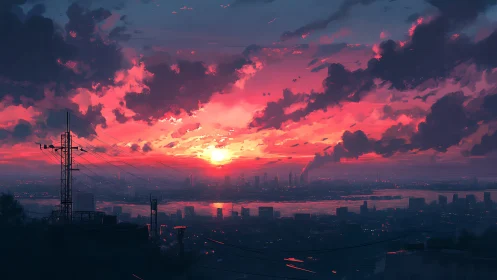 Vibrant industrial skyline rendered under a saturated neon sunset