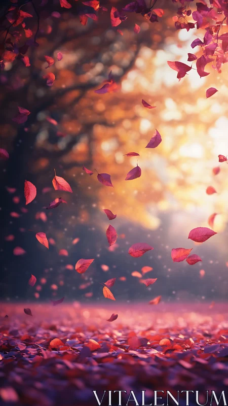 Crimson autumn leaves swirling through bokeh forest light.