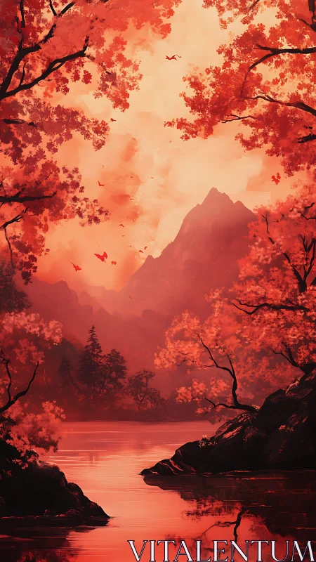 Crimson mountain lake framed by dense autumn forest glow