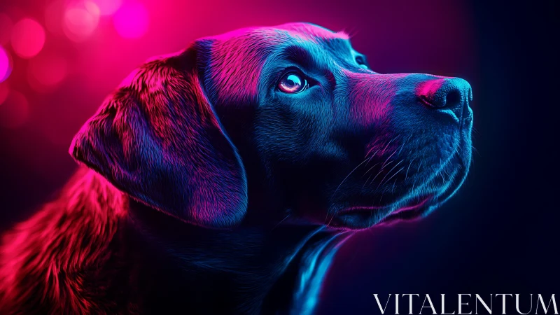 Neon-lit black labrador gazes upward in vibrant glow.