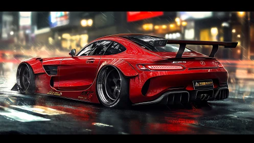 Widebody red GT race car in neon city rain environment.